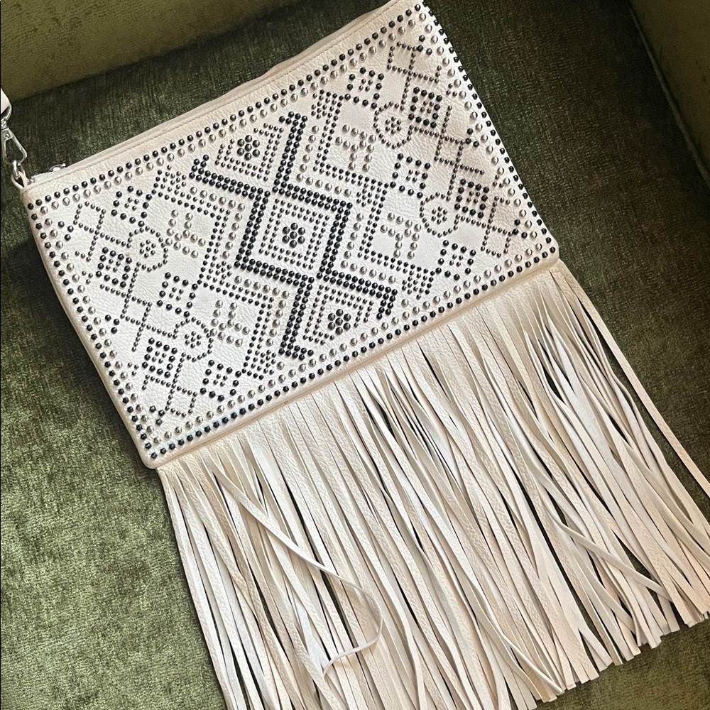 White Fringe Clutch with Studded Design